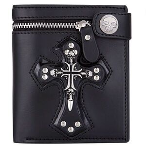 Goth Skull Cross Wallet w/ Chain Black Biker Emo Punk Zip Coin Bill Pocket